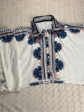 White Button-Down Shirt with Blue & Orange Floral Border